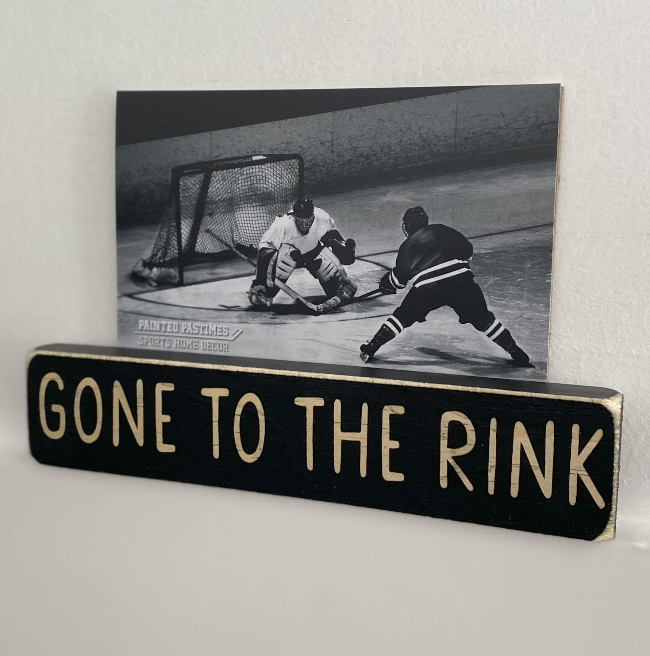 Hockey Photo Sign: Distressed Wood Frame, Rink Decor