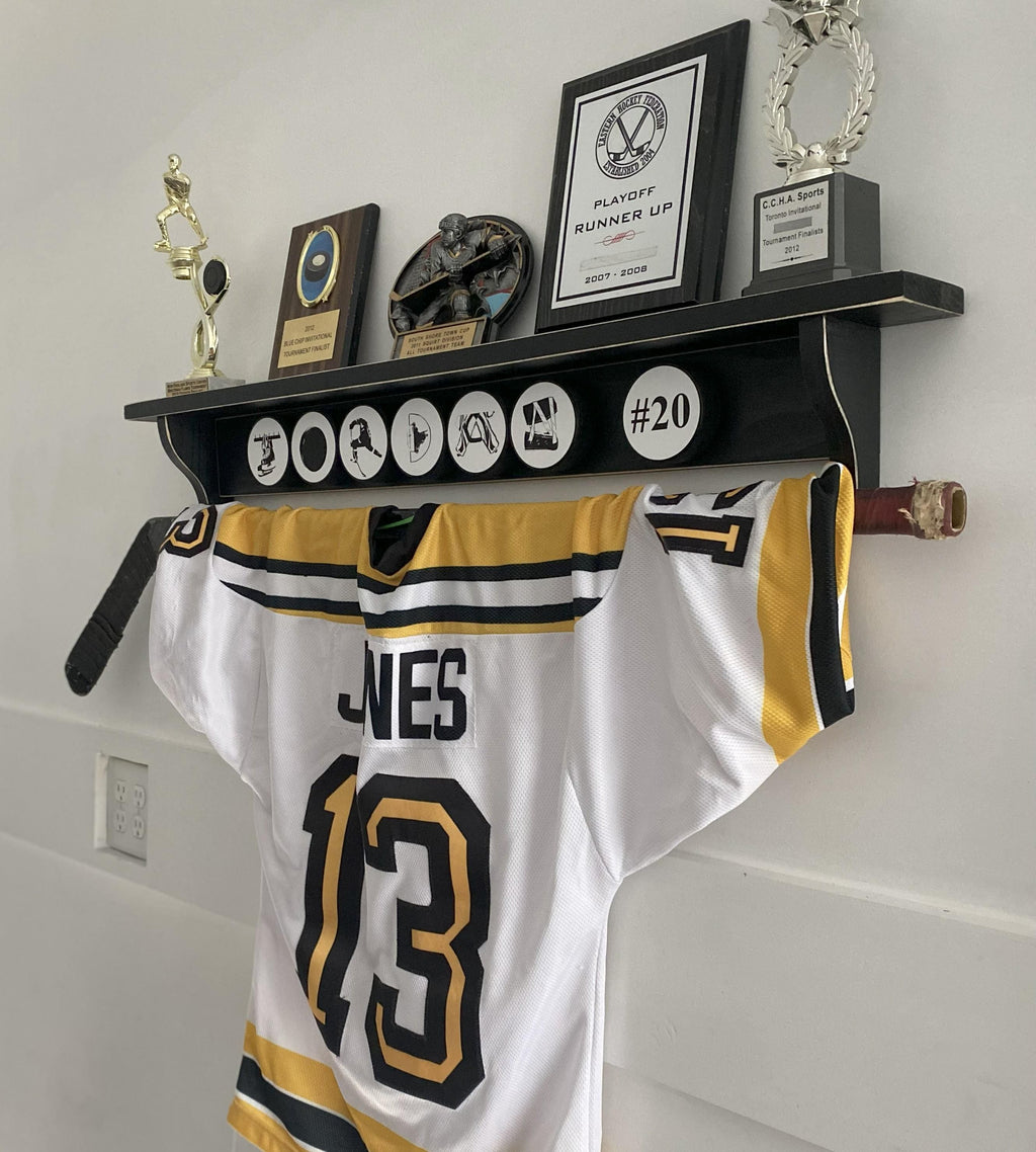 Personalized Hockey Puck Shelf, Custom Name, Trophy & Ribbon Organizer