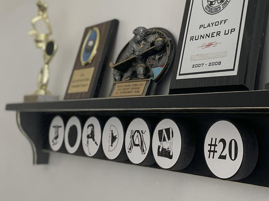Personalized Hockey Puck Shelf, Custom Name, Trophy & Ribbon Organizer