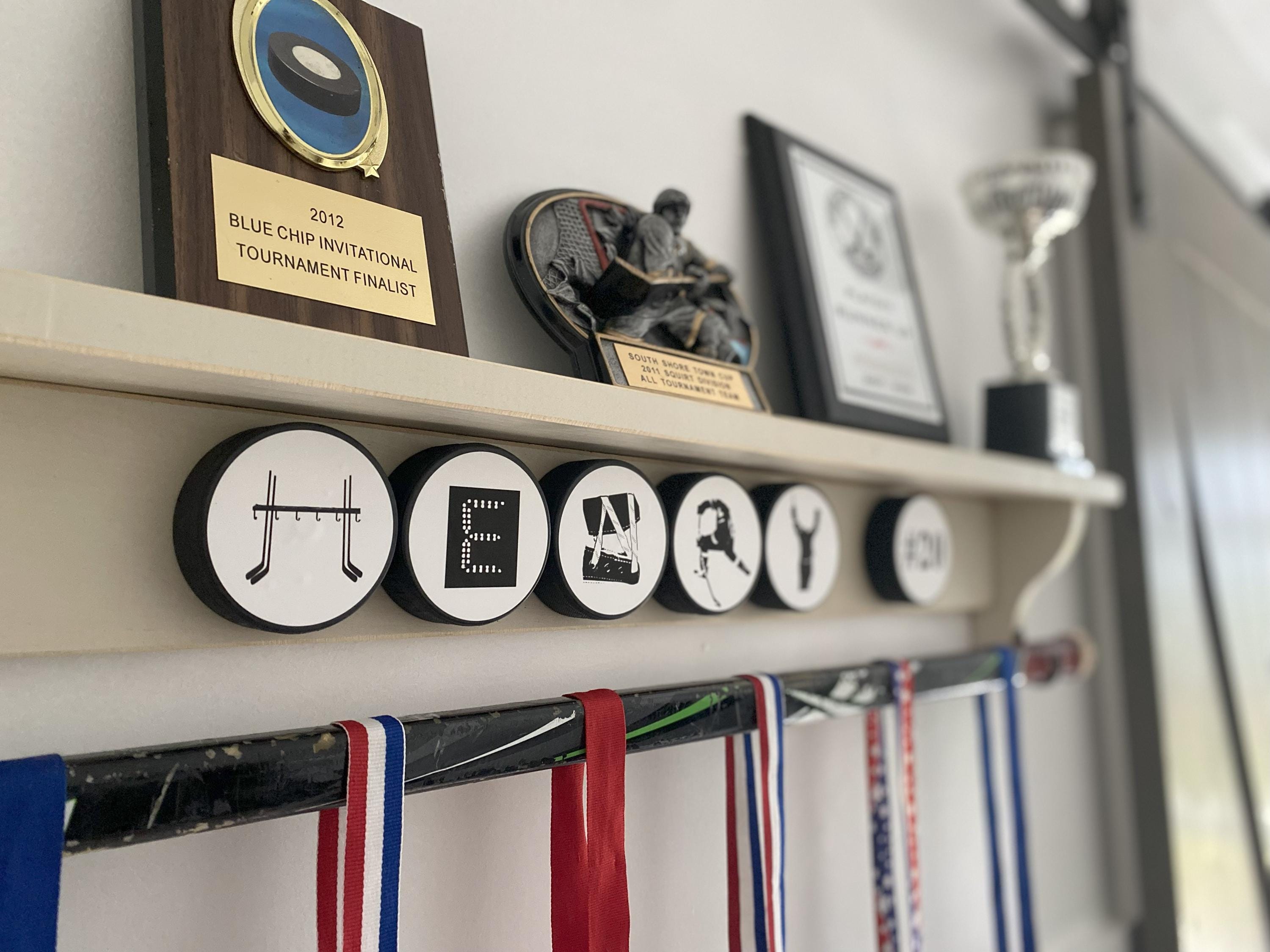 Personalized Hockey Name Display Shelf, Trophy & Ribbon Organizer, Player Wall Decor