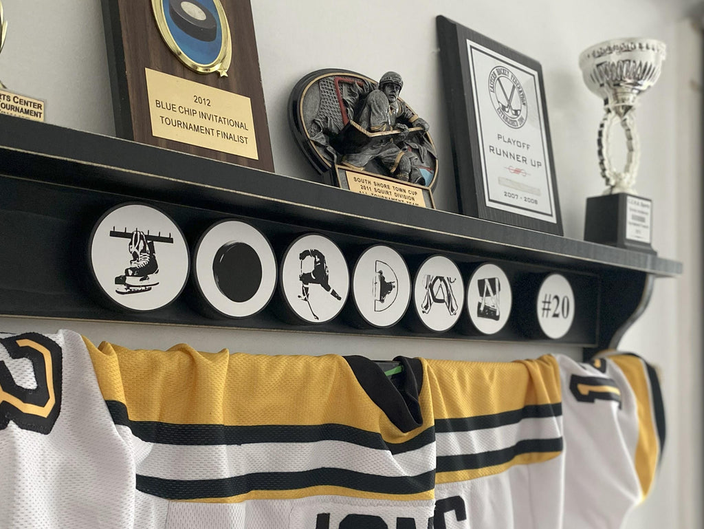 Personalized Hockey Puck Shelf, Custom Name, Trophy & Ribbon Organizer