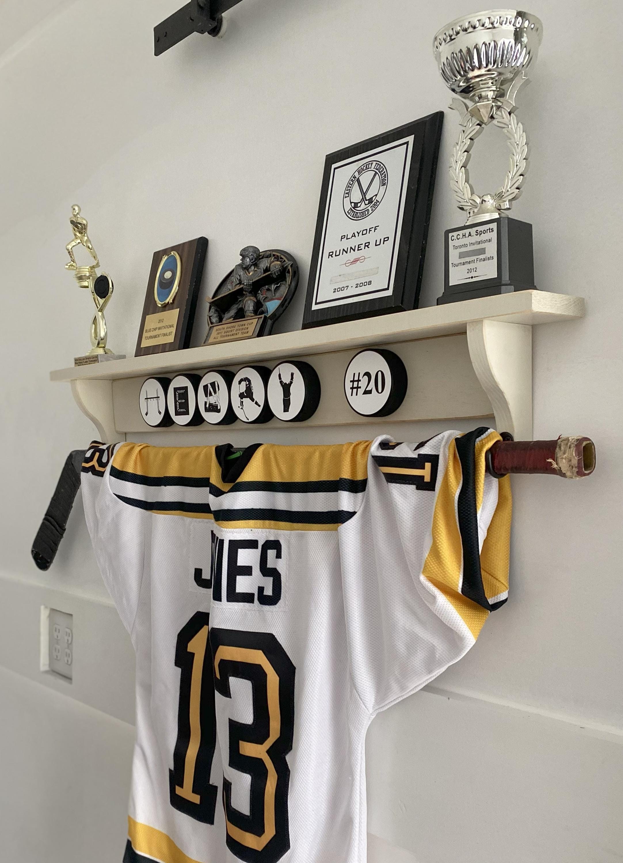 Personalized Hockey Name Display Shelf, Trophy & Ribbon Organizer, Player Wall Decor