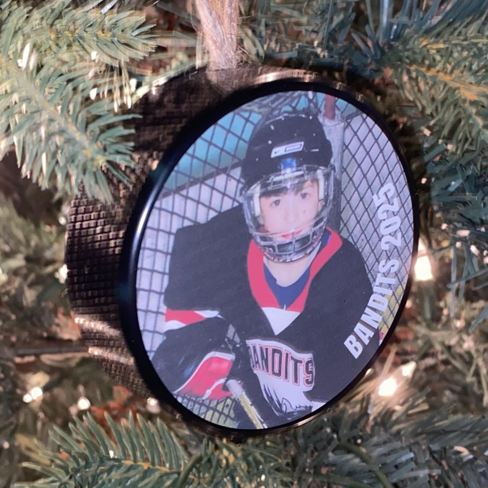 Custom Hockey Goalie Puck Ornament: Christmas Tree Decoration