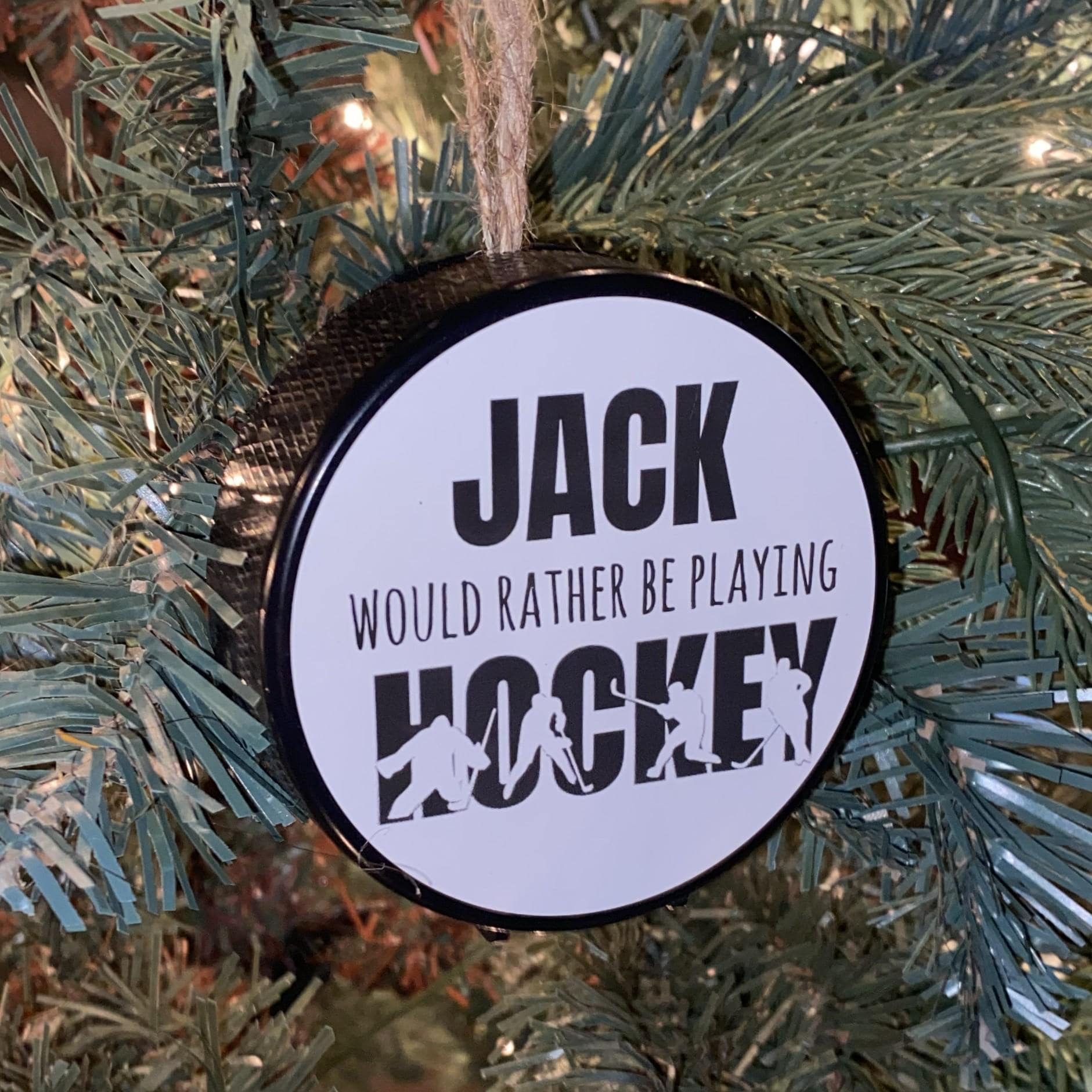 Custom Hockey Puck Ornament: Christmas Tree Decoration, I'd rather be playing Hockey