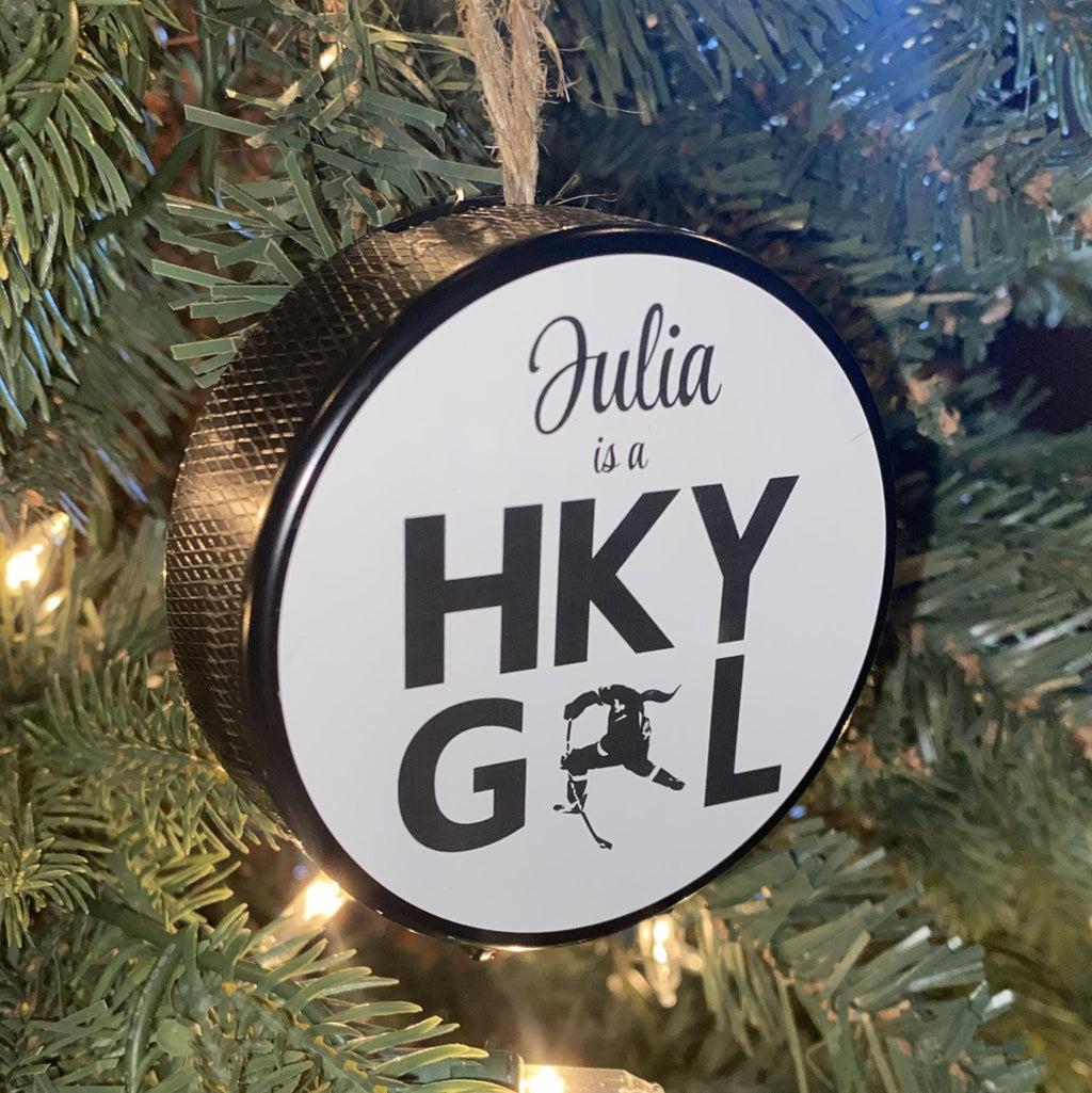 Custom Hockey Girl Puck Ornament: Christmas Tree Decoration