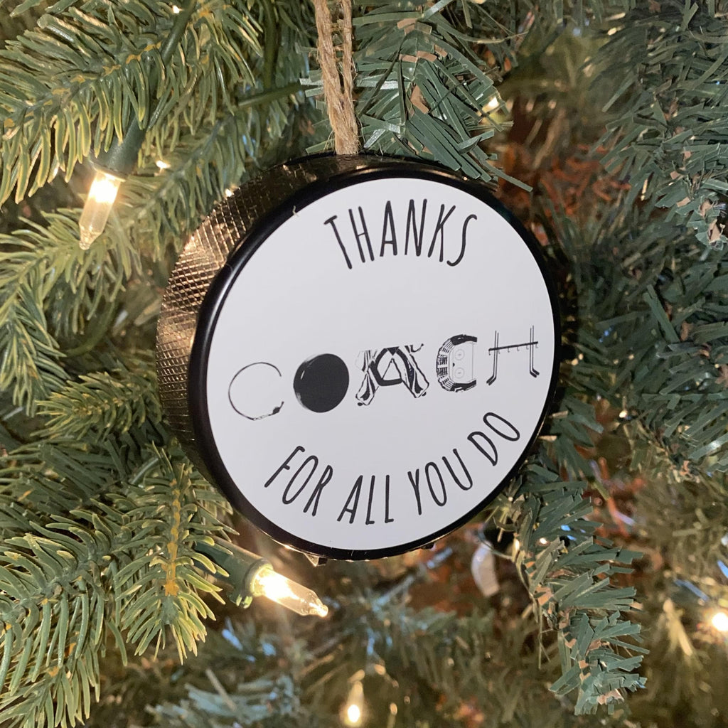 Hockey Coach Puck Ornament: Christmas Tree Decoration