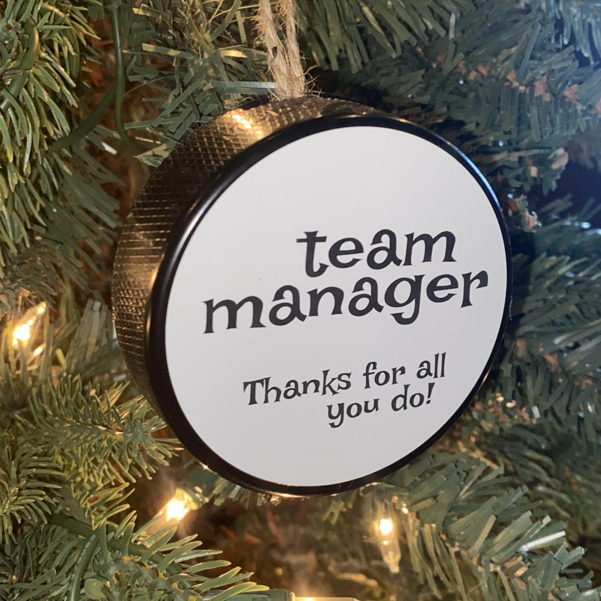 Hockey Team Manager Puck Ornament: Christmas Tree Decoration