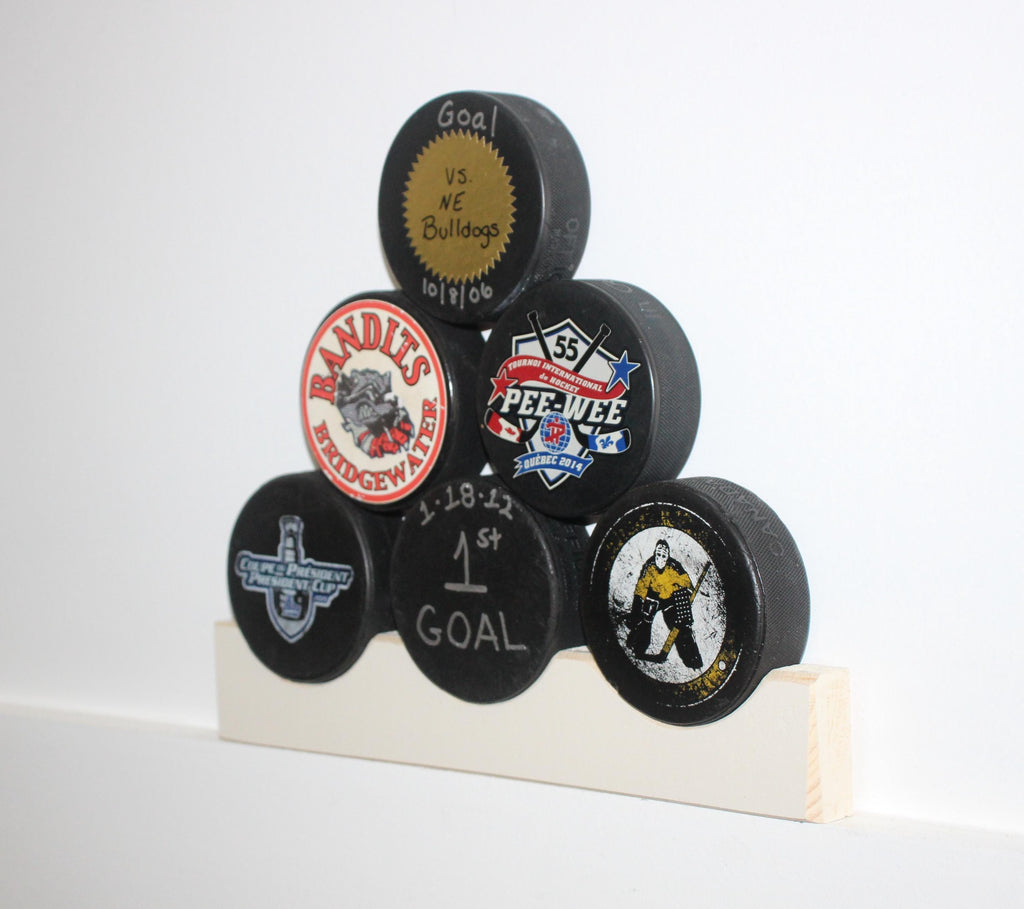 Hockey Puck Display Rack: Wood Shelf, Hockey Room Decor