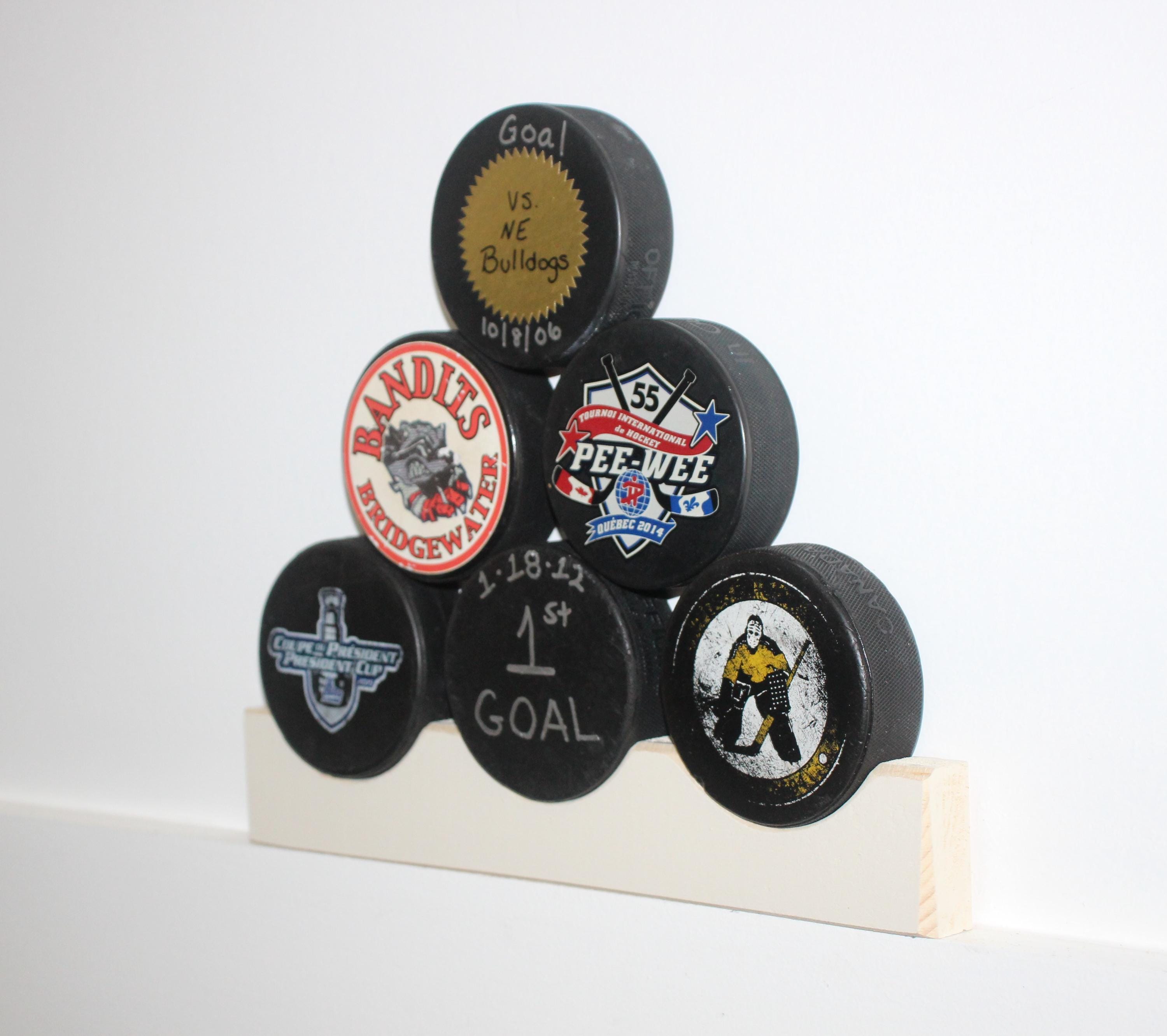Hockey Puck Display Rack: Wood Shelf, Hockey Room Decor