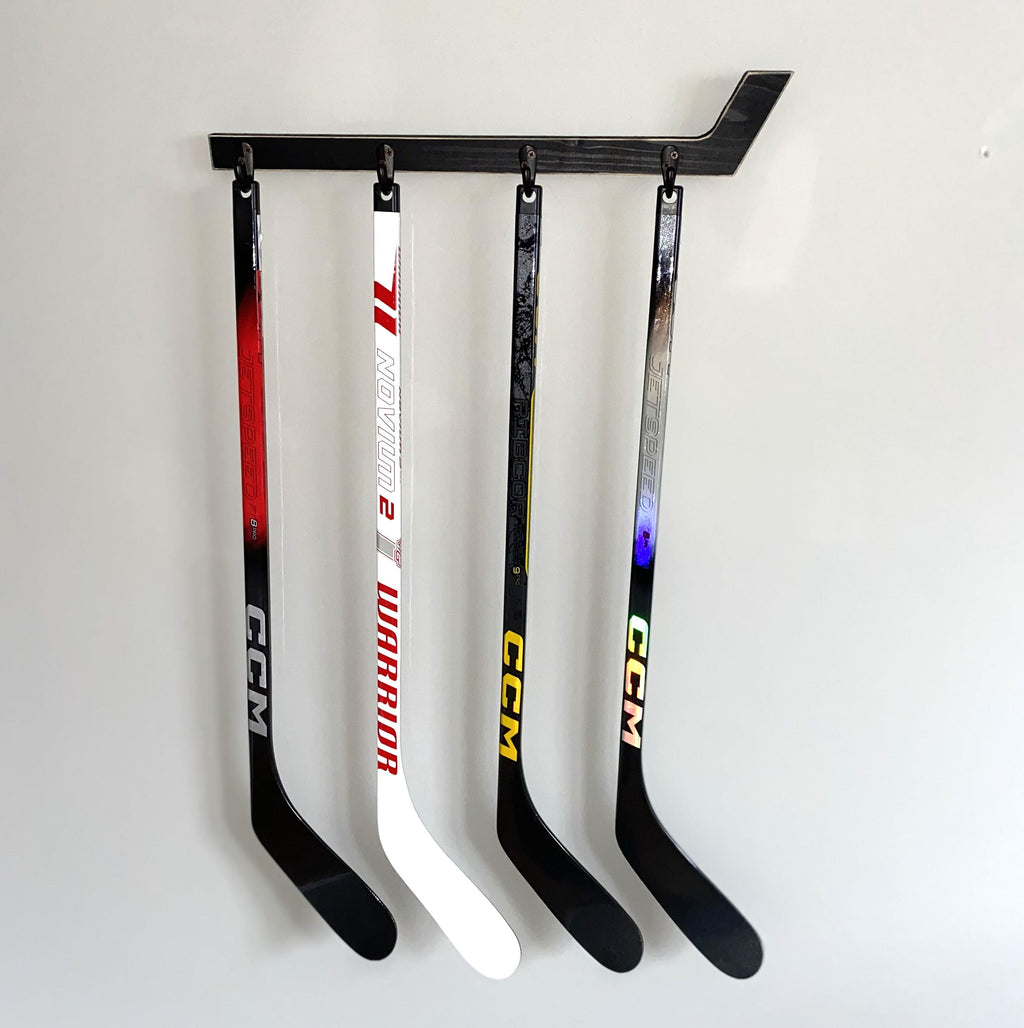 Hockey Stick Coat Rack: Stick with Hooks, Hat, Keys, Mini Hockey Sticks, Medals & Ribbons Display