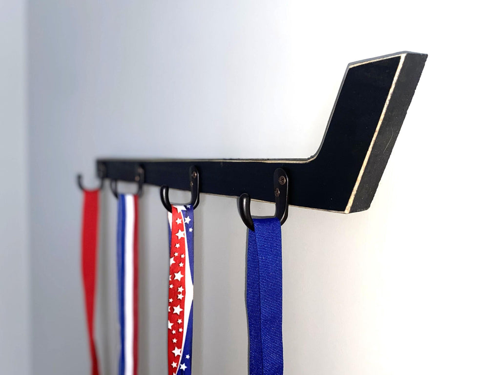 Hockey Stick Hat Rack: Stick with Hooks, Coat, Keys, Mini Hockey Sticks, Medals & Ribbons Display