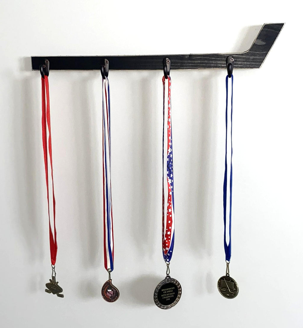 Hockey Stick Hat Rack: Stick with Hooks, Coat, Keys, Mini Hockey Sticks, Medals & Ribbons Display