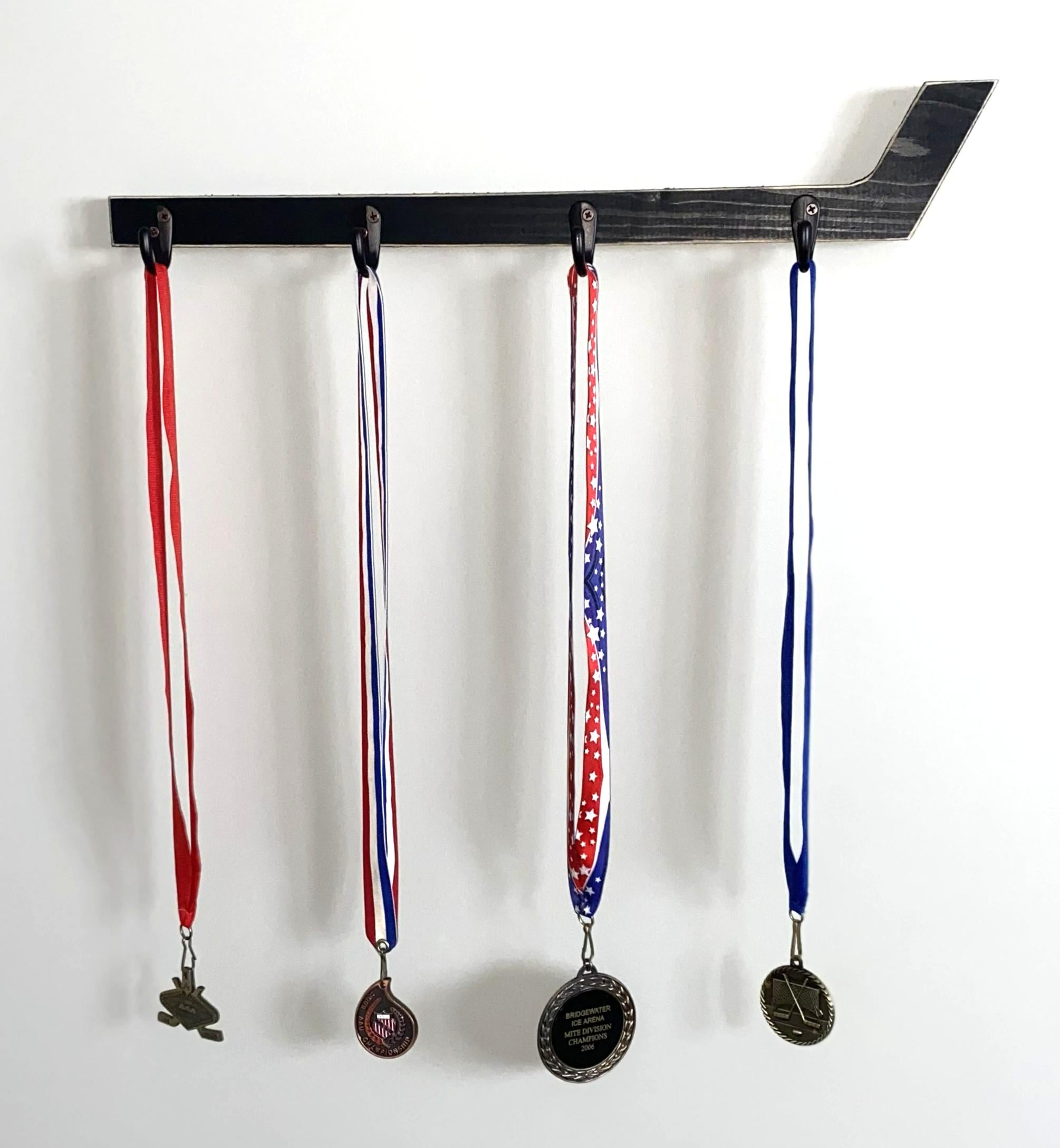 Hockey Stick Hat Rack: Stick with Hooks, Coat, Keys, Mini Hockey Sticks, Medals & Ribbons Display