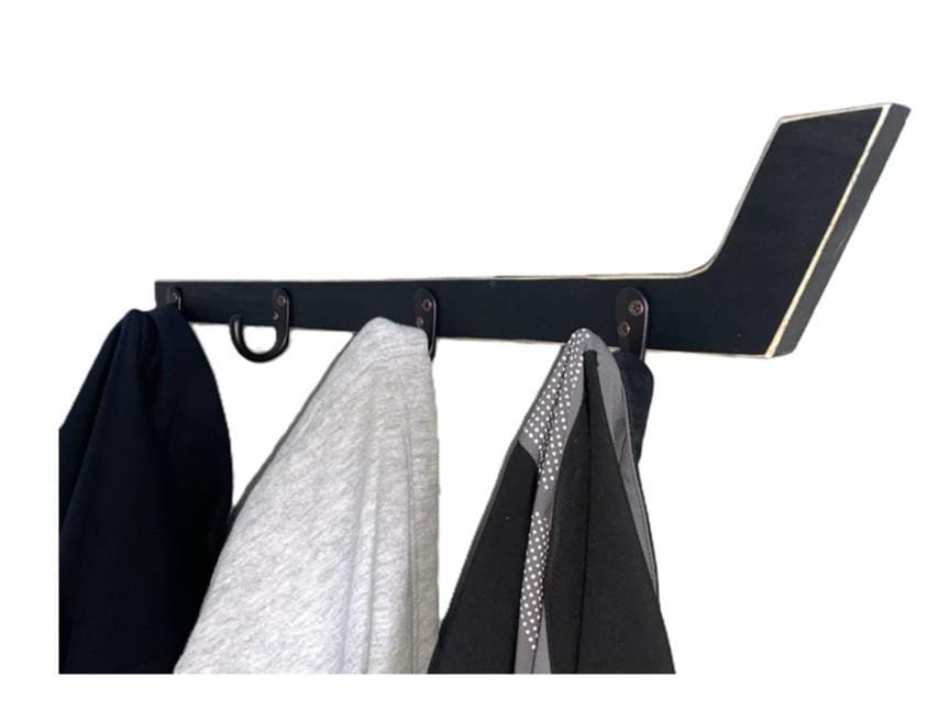 Hockey Stick Coat Rack: Stick with Hooks, Hat, Keys, Mini Hockey Sticks, Medals & Ribbons Display
