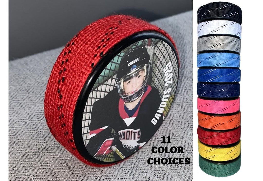 Personalized Hockey Photo Puck with Hockey Laces: Custom Hockey Gift