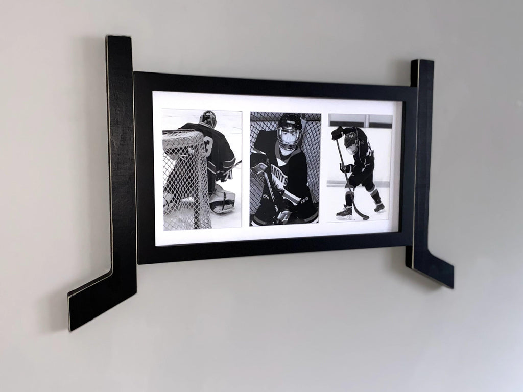 Hockey Stick Matted Photo Frame: Triple 5x7, Personalize by Team Signing the Mat, Hockey Coach Gift, Hockey Wall Decor, Black