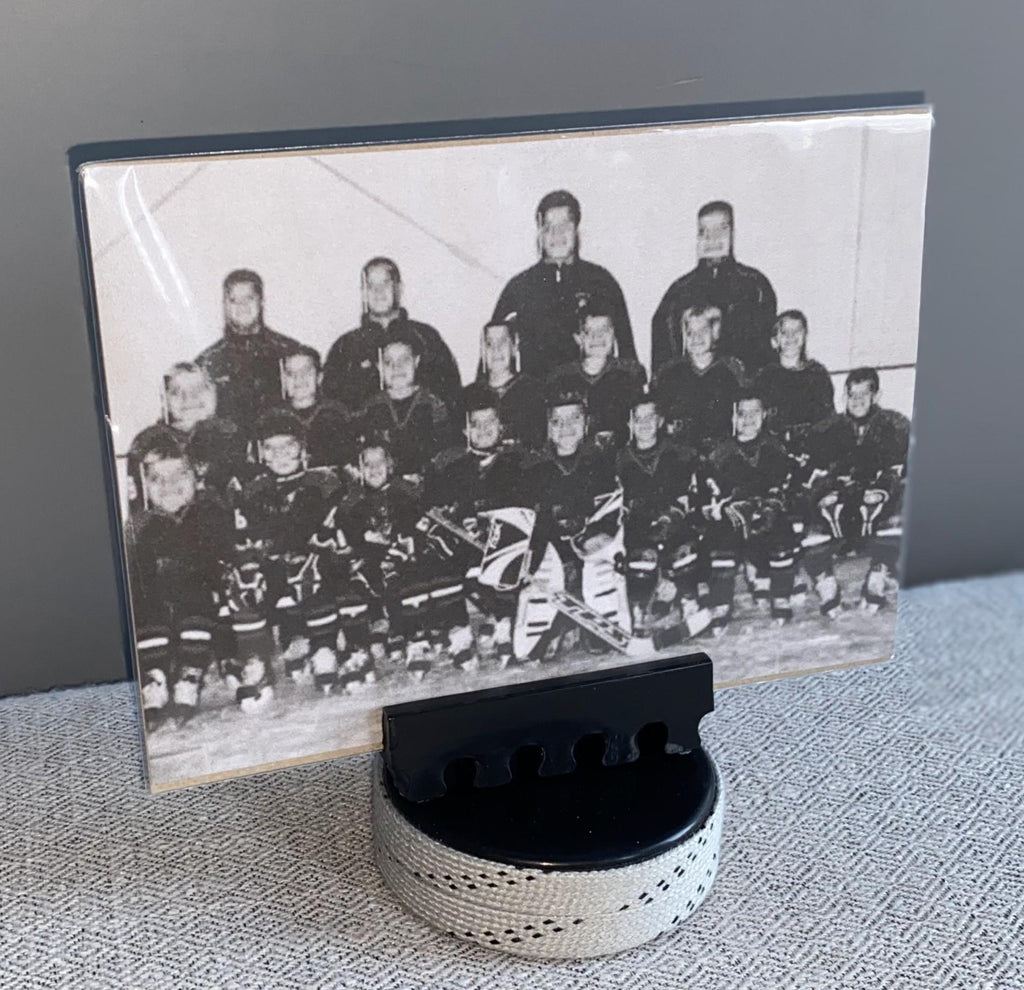 Hockey Puck Photo Holder: Wrapped in Hockey Laces, Team Colors
