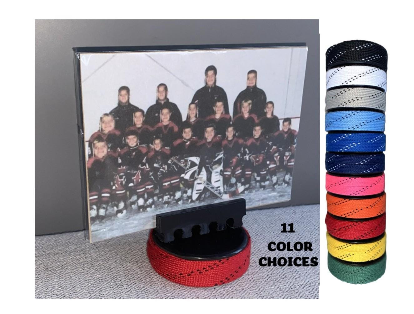 Hockey Puck Photo Holder: Wrapped in Hockey Laces, Team Colors, Frame