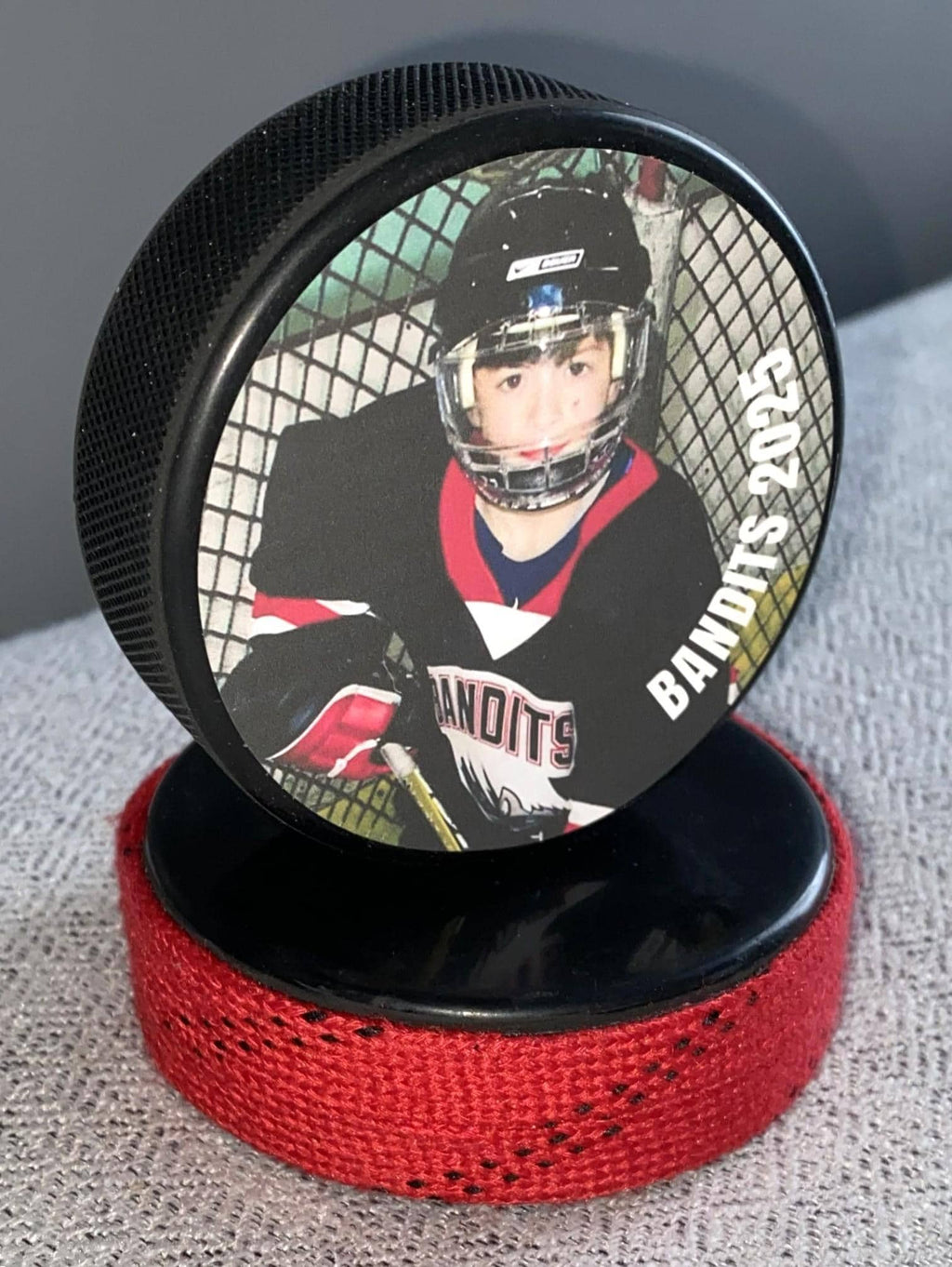 Personalized Hockey Photo Puck with Hockey Laces: Custom Hockey Gift