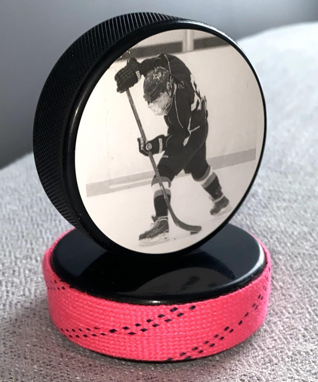Personalized Hockey Photo Puck with Hockey Laces: Custom Hockey Gift