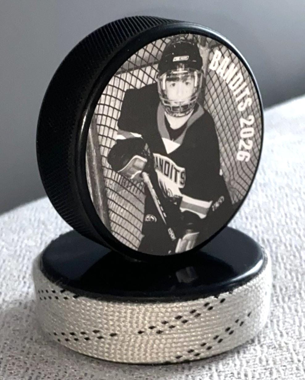 Personalized Hockey Photo Puck with Hockey Laces: Custom Hockey Gift
