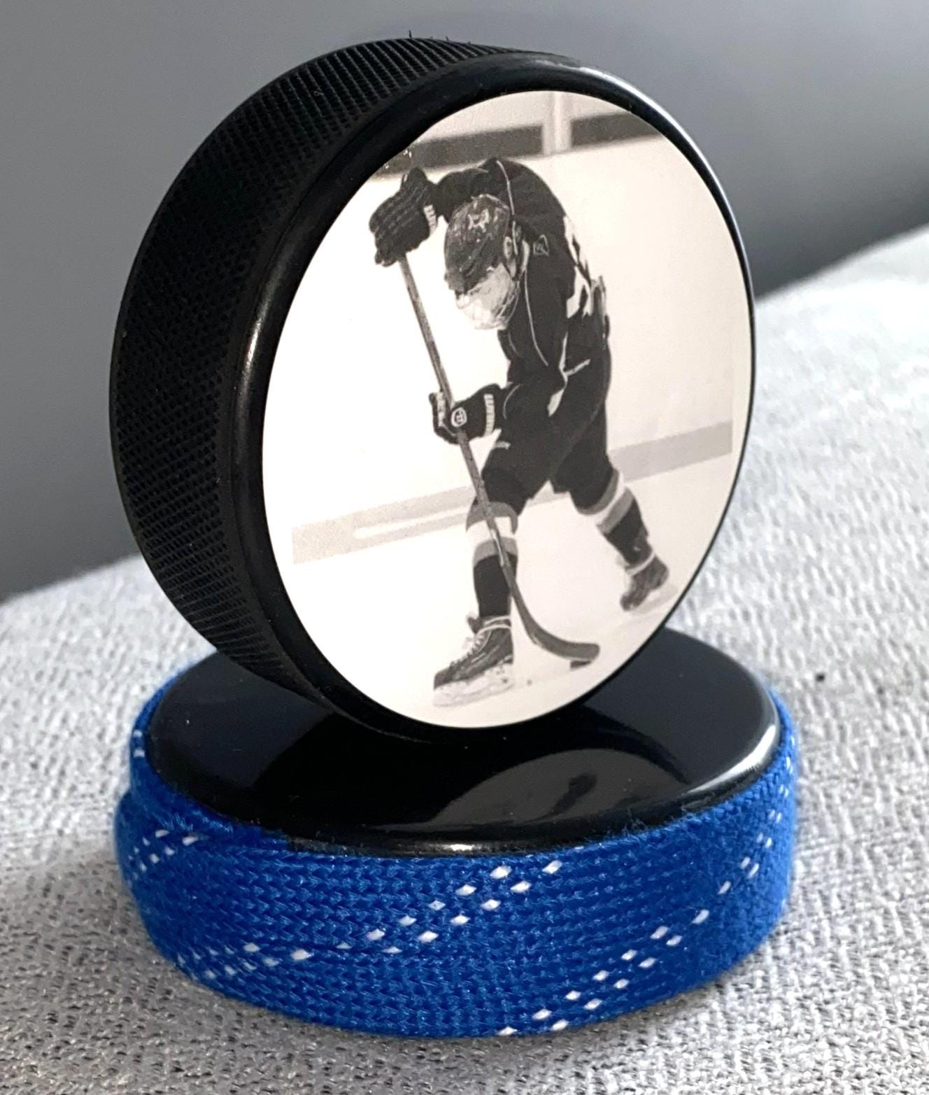Personalized Hockey Photo Puck with Hockey Laces: Custom Hockey Gift