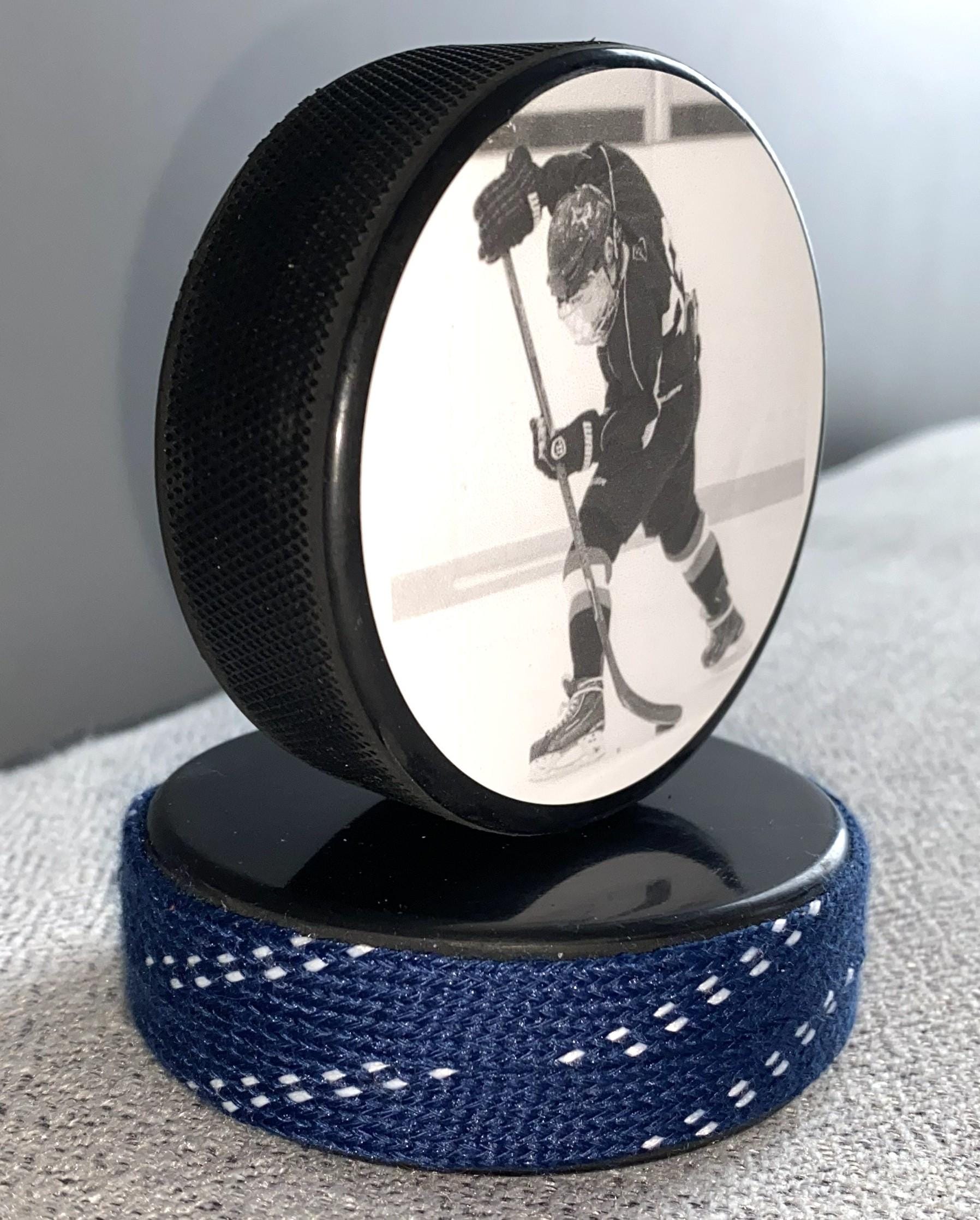Personalized Hockey Photo Puck with Hockey Laces: Custom Hockey Gift