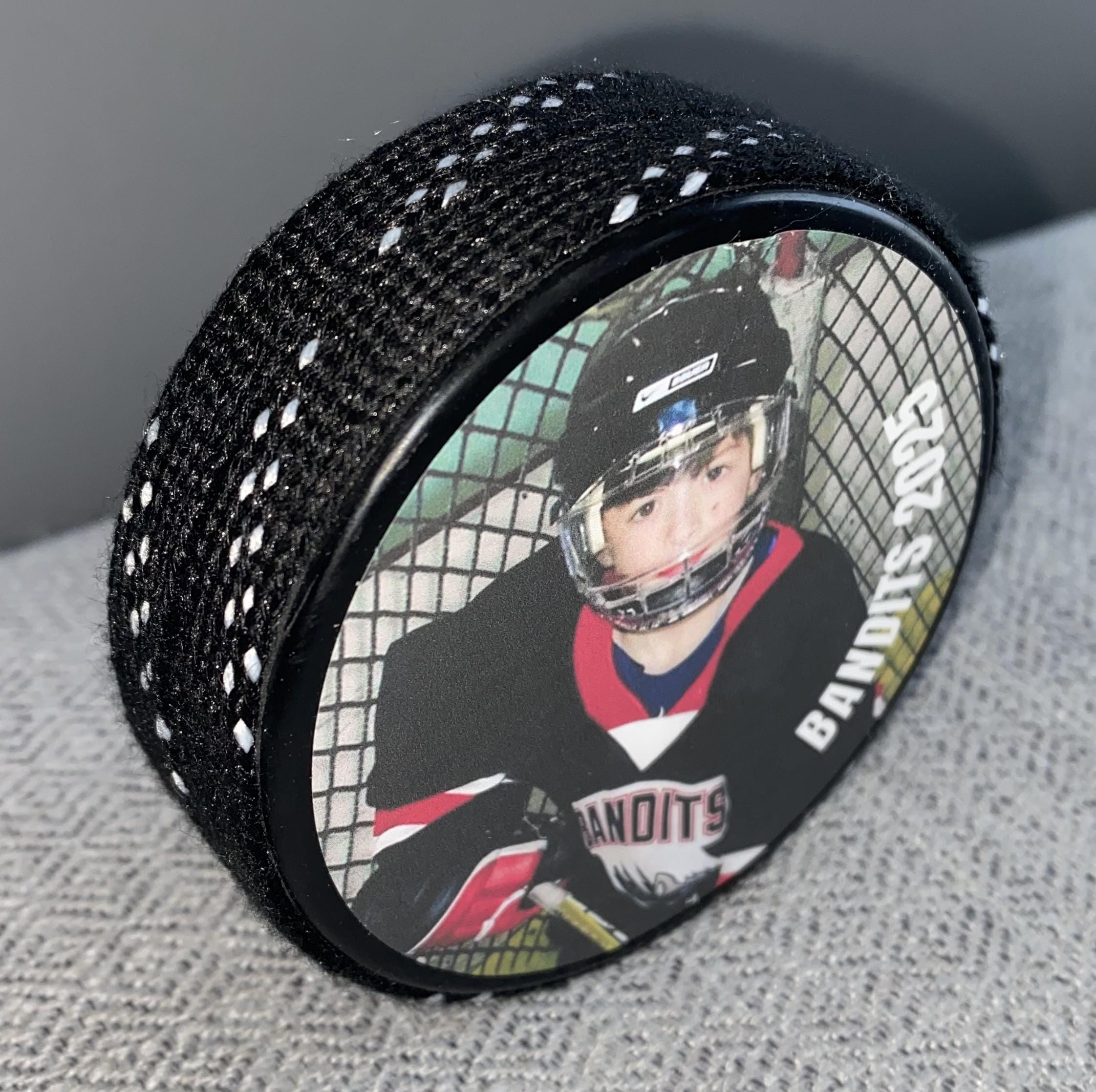 Personalized Hockey Photo Puck with Hockey Laces: Custom Hockey Gift