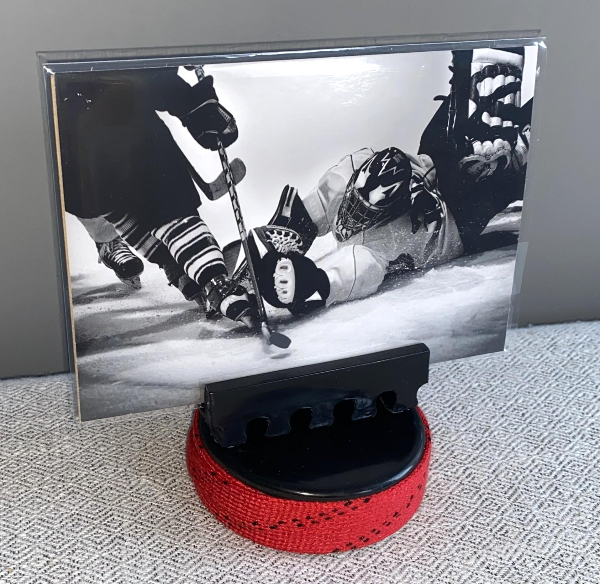 Hockey Puck Photo Holder: Wrapped in Hockey Laces, Team Colors, Frame