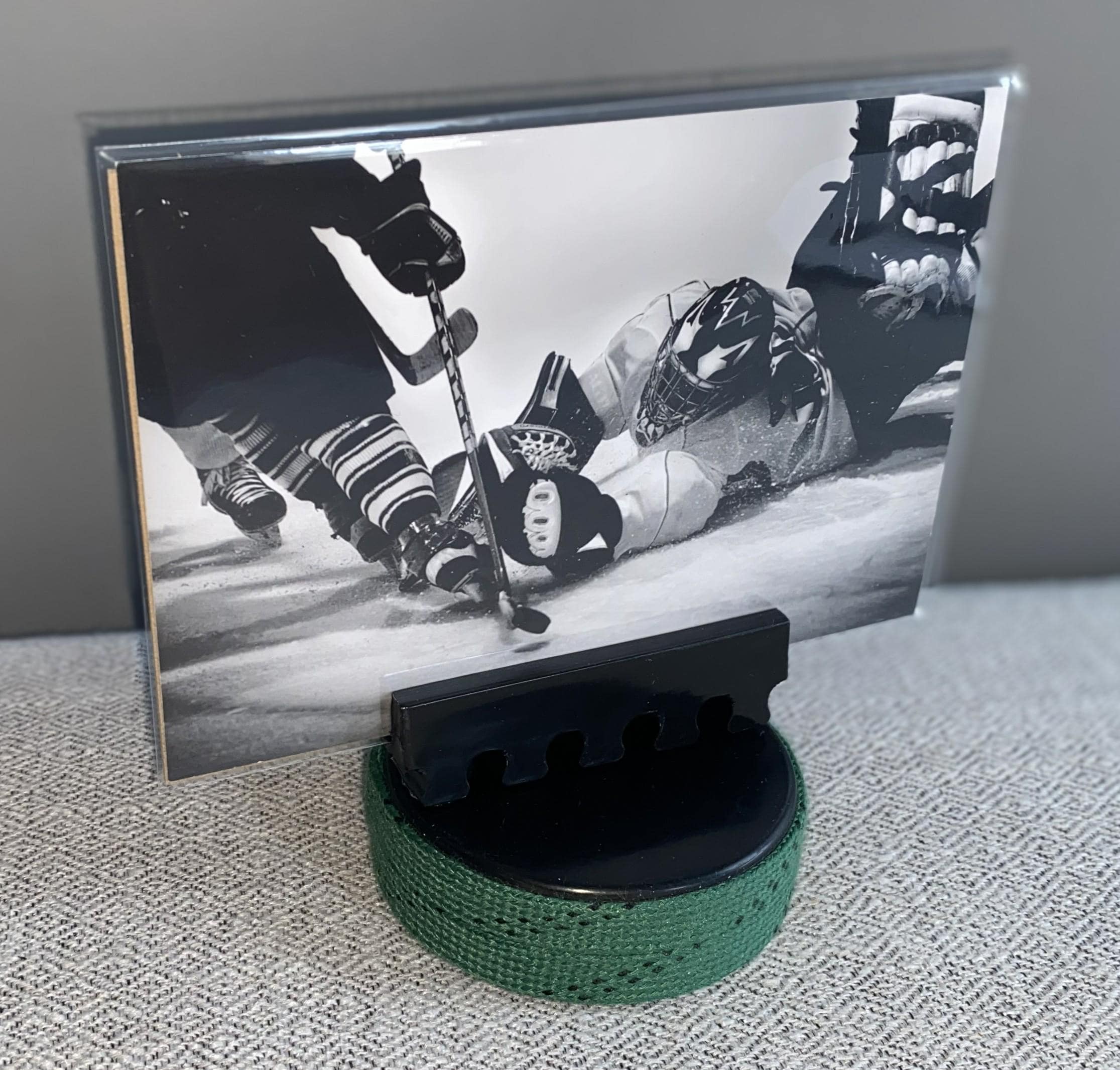 Hockey Puck Photo Holder: Wrapped in Hockey Laces, Team Colors, Frame