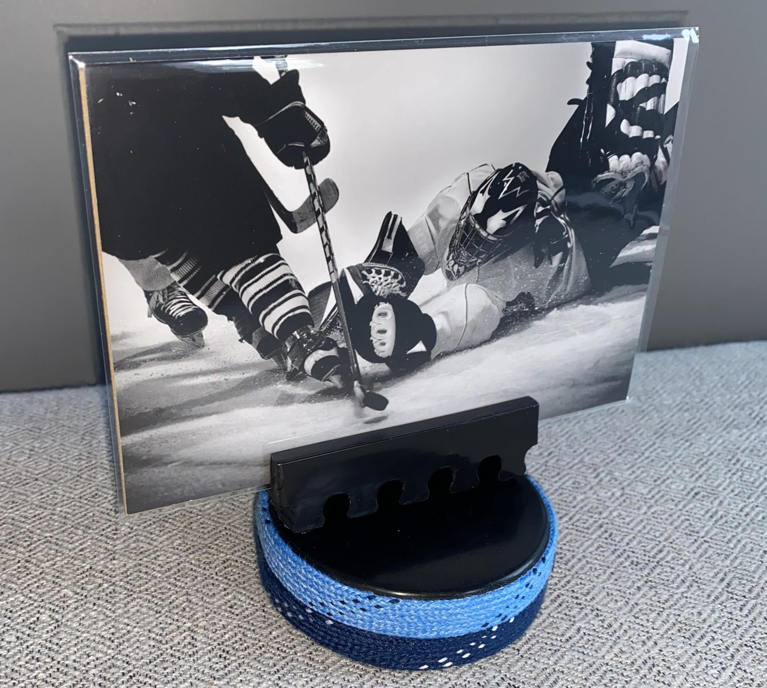 Hockey Puck Photo Holder: Wrapped in Hockey Laces, Team Colors