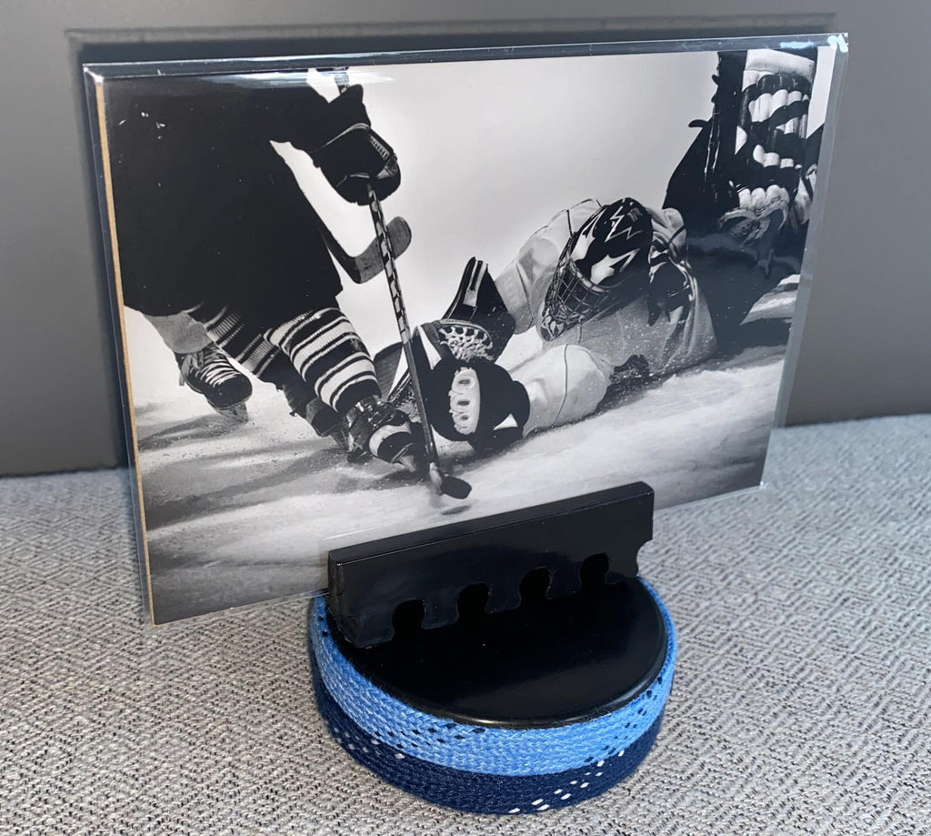 Hockey Puck Photo Holder: Wrapped in Hockey Laces, Team Colors, Frame