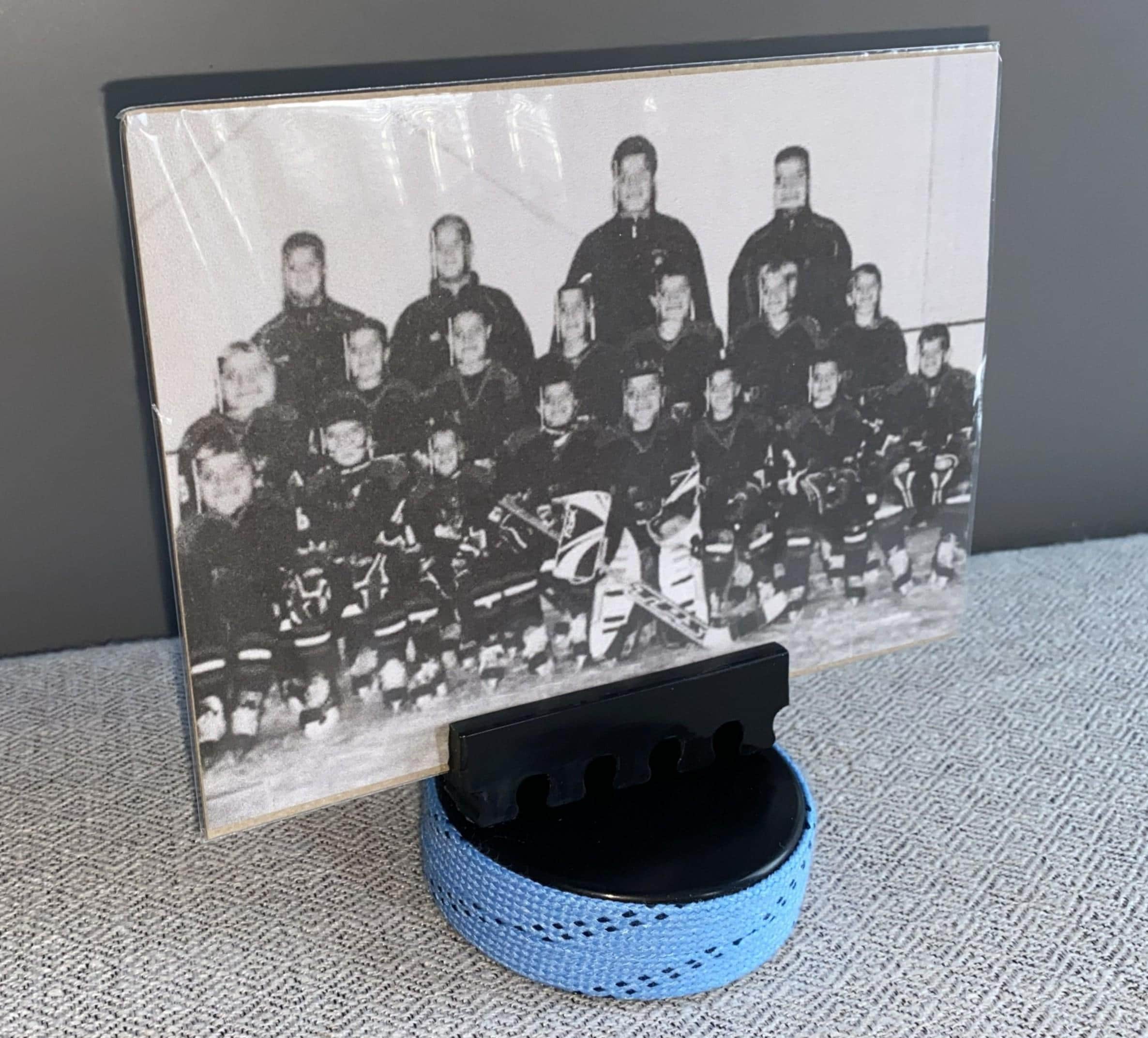 Hockey Puck Photo Holder: Wrapped in Hockey Laces, Team Colors, Frame