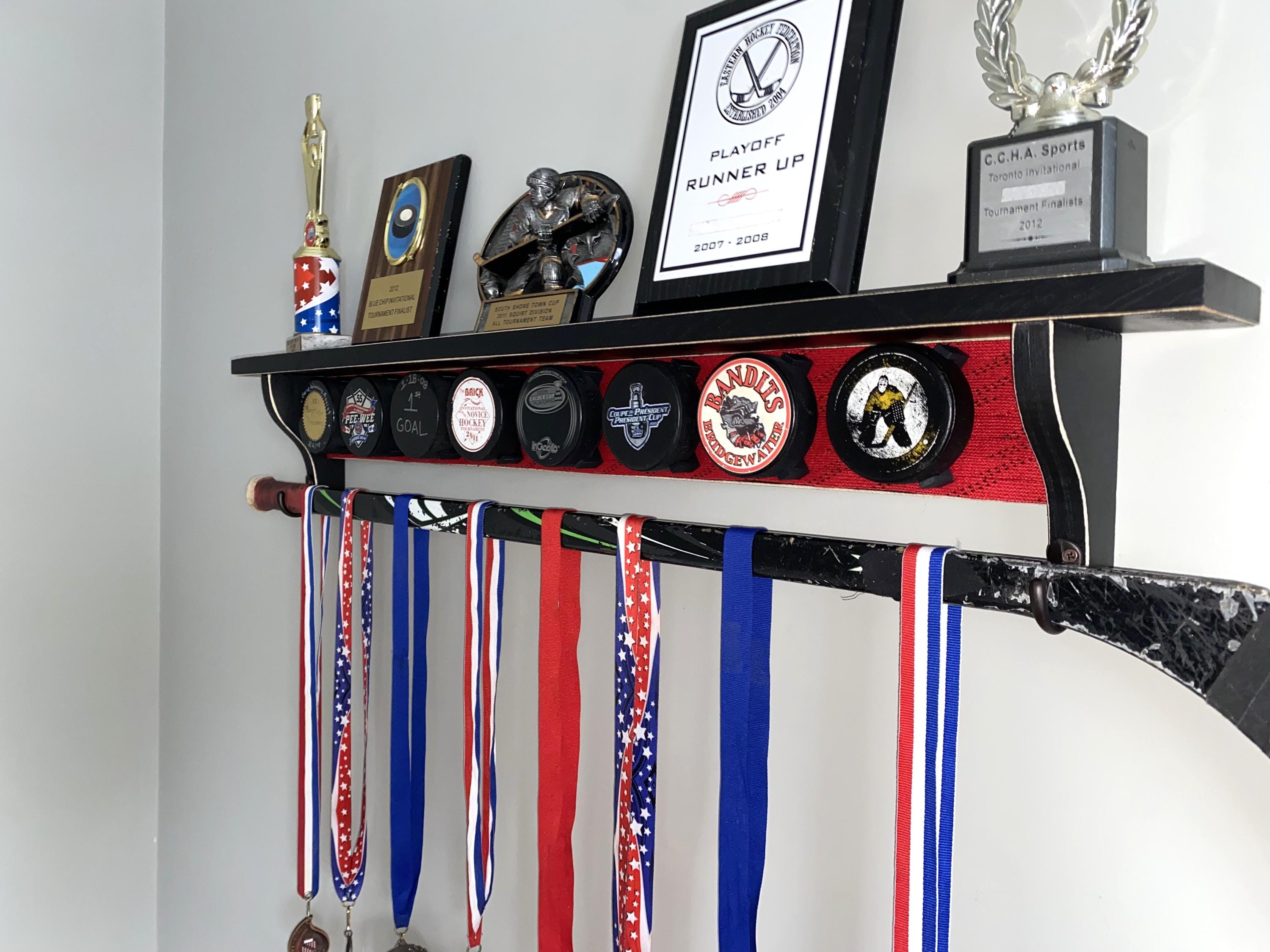 Hockey Puck Display Shelf with Hockey Laces: Trophy & Ribbon Organizer