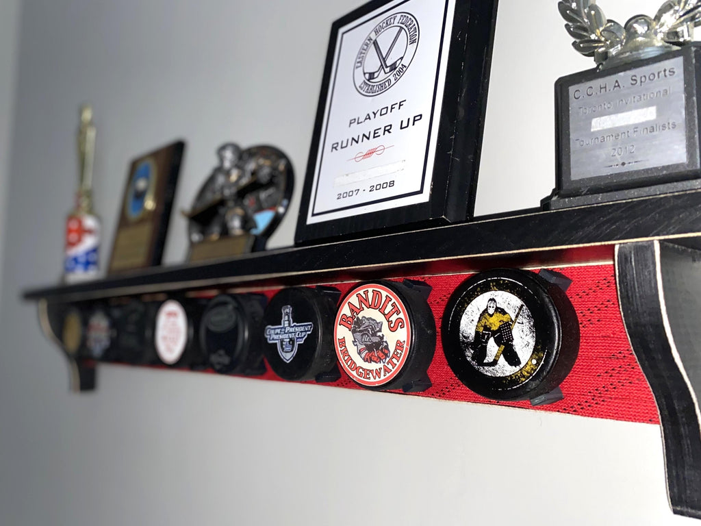 Hockey Puck Display Shelf with Hockey Laces: Trophy & Ribbon Organizer