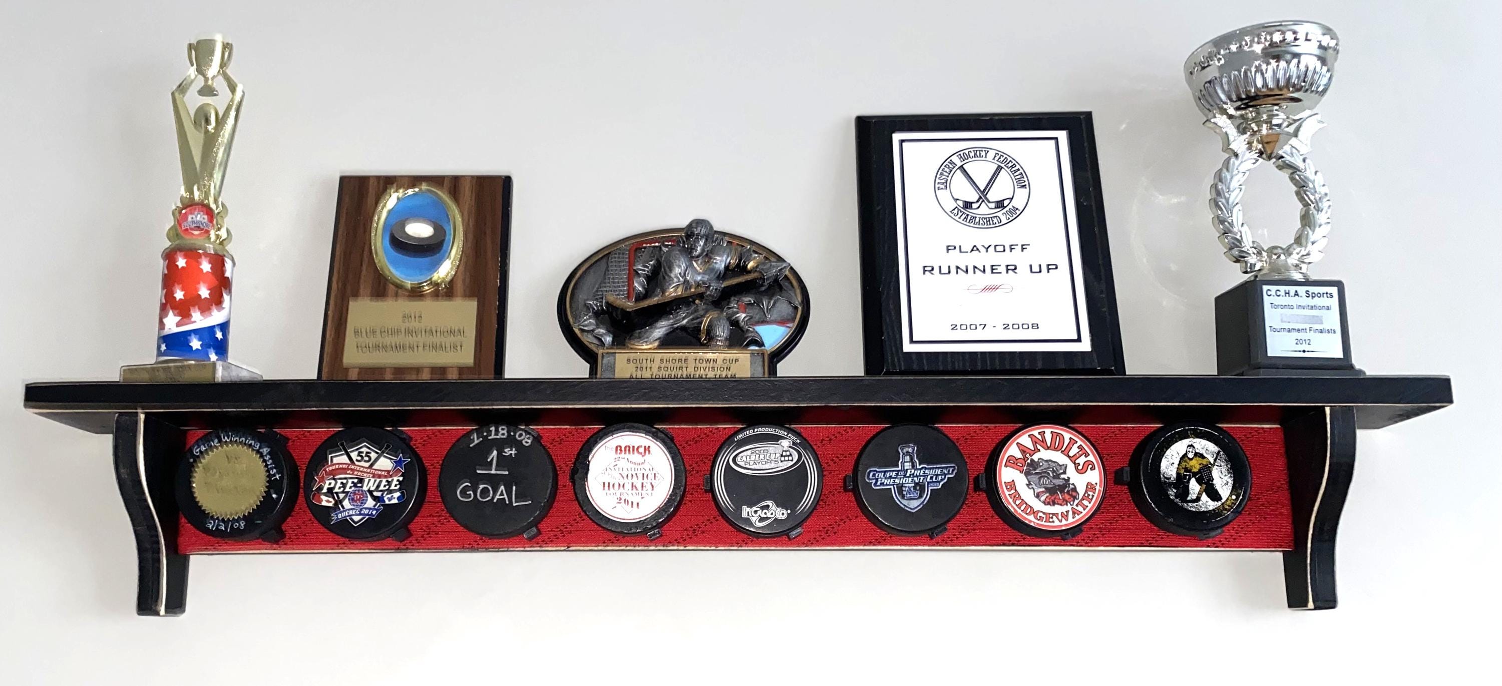 Hockey Puck Display Shelf with Hockey Laces: Trophy & Ribbon Organizer