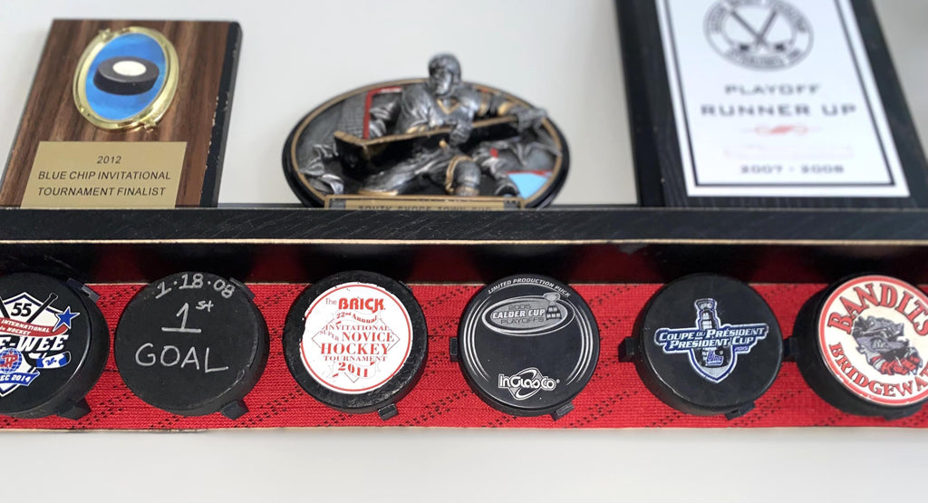 Hockey Puck Display Shelf with Hockey Laces: Trophy & Ribbon Organizer