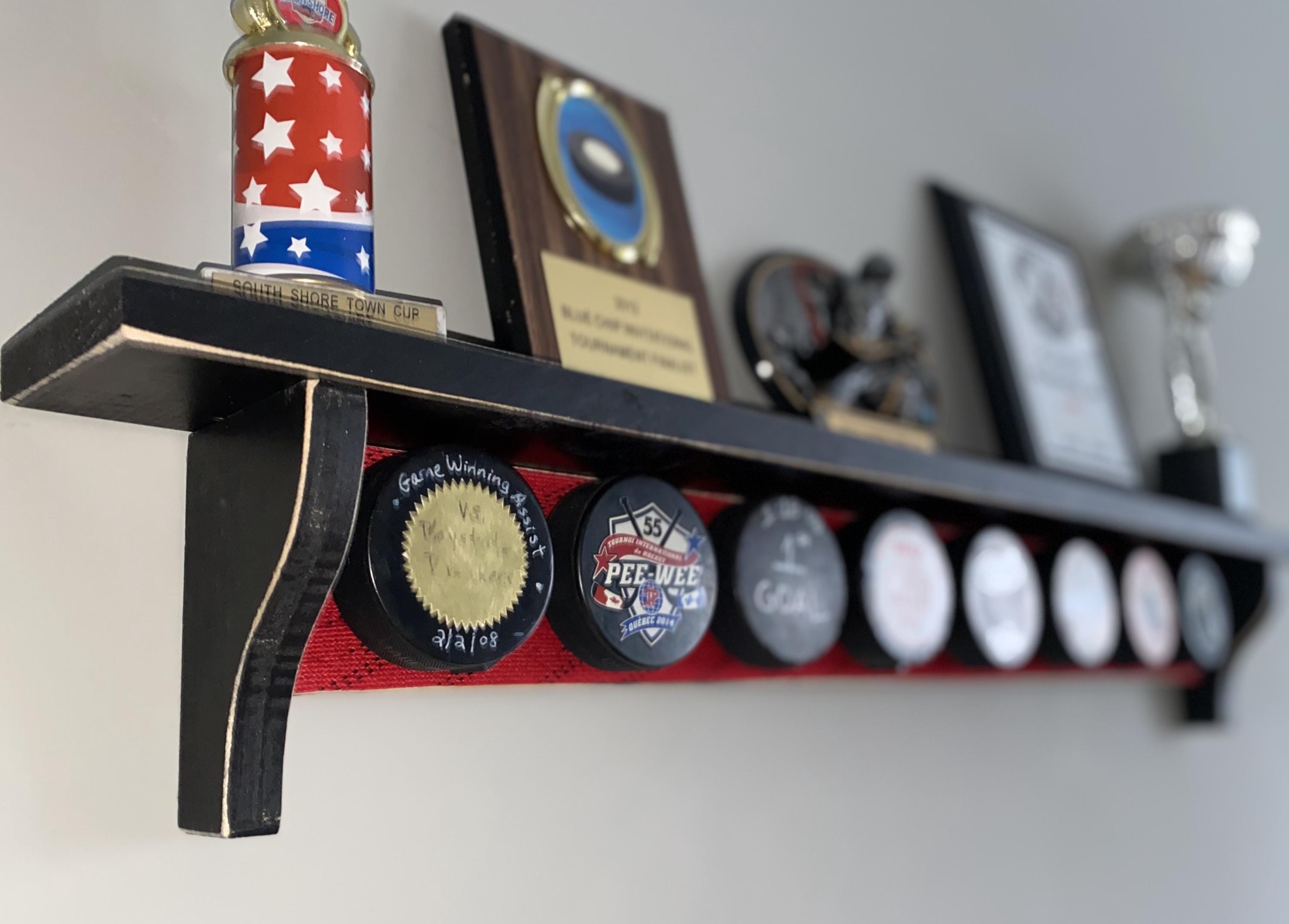 Hockey Puck Display Shelf with Hockey Laces: Trophy & Ribbon Organizer