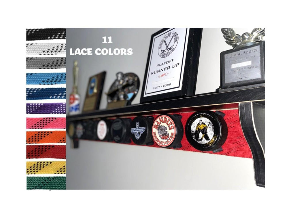 Hockey Puck Display Shelf with Hockey Laces: Trophy & Ribbon Organizer