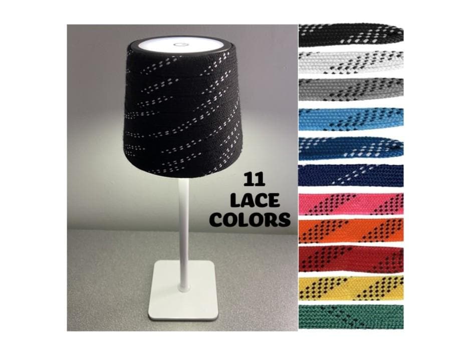 Hockey Laces Lamp: Rechargeable, Cordless, Black/White/Brass Gold