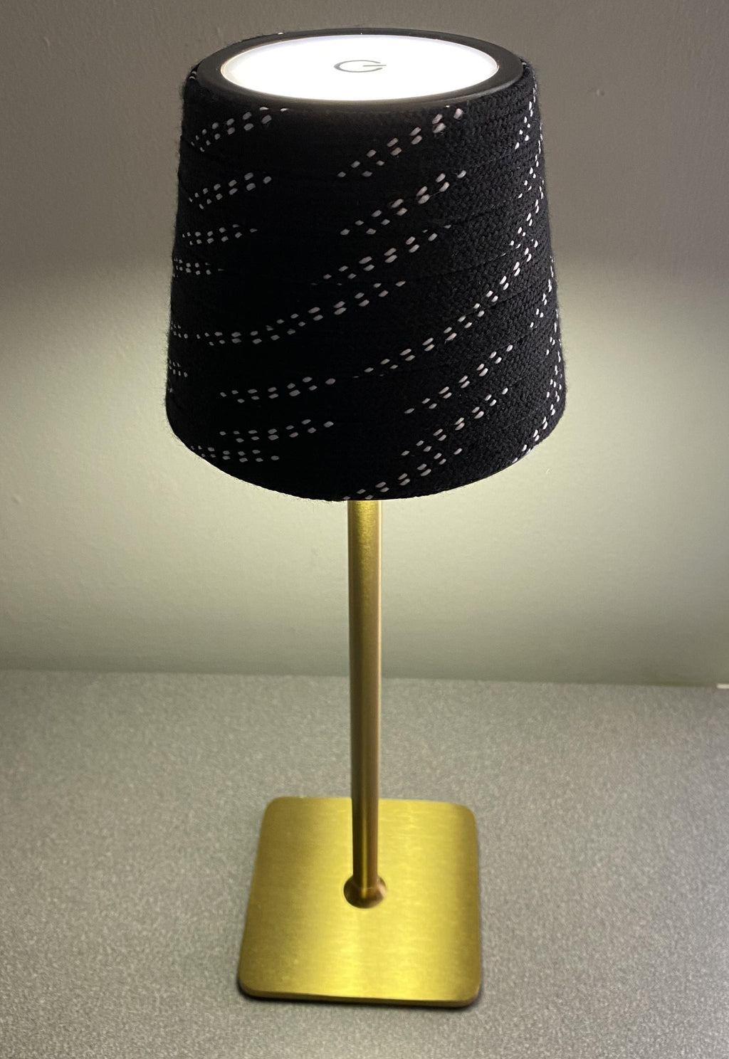 Hockey Laces Lamp: Rechargeable, Cordless, Black/White/Brass Gold