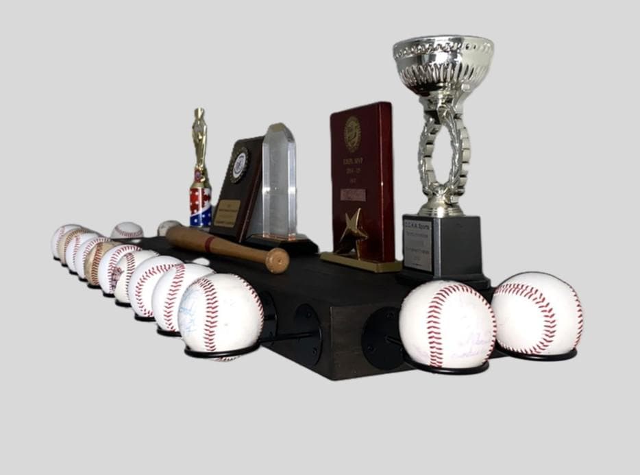 Baseball Trophy Display Shelf with Bat and Medal Holder, Ball Display Rack for Memorabilia, Awards, Trophies and Signed Baseballs
