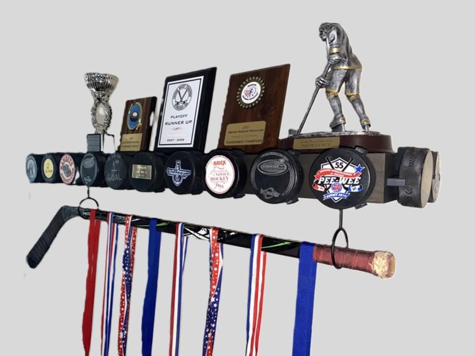 Hockey Puck Display Trophy Shelf: 8" Wide Floating Shelf, Memorabilia, Hockey Player Room Decor