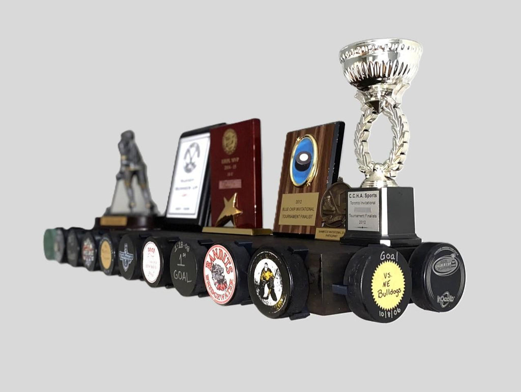Hockey Puck Display Trophy Shelf: Memorabilia, 8" Wide Shelf, Hockey Player Room Decor