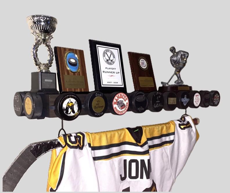Hockey Puck Display Trophy Shelf: Memorabilia, 8" Wide Shelf, Hockey Player Room Decor
