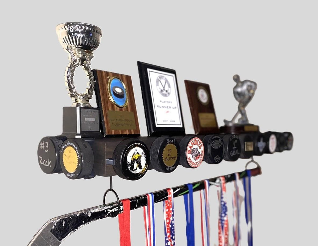 Hockey Puck Display Trophy Shelf: Memorabilia, 8" Wide Shelf, Hockey Player Room Decor