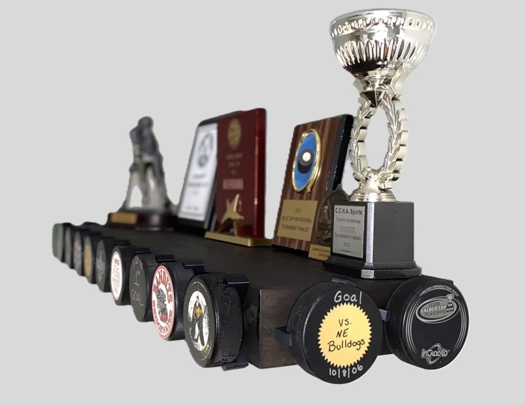 Hockey Puck Display Trophy Shelf: Memorabilia, 8" Wide Floating Shelf, Hockey Player Room Decor