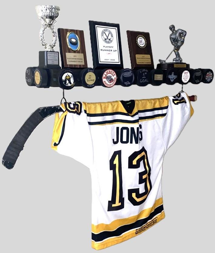 Hockey Puck Display Trophy Shelf: 8" Wide Floating Shelf, Memorabilia, Hockey Player Room Decor