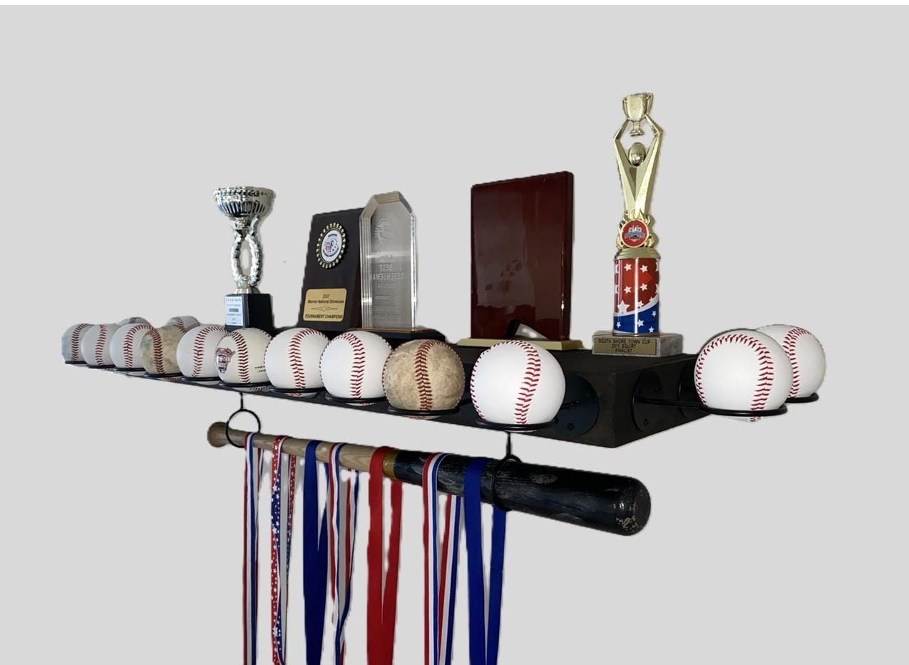 Baseball Trophy Display Shelf with Bat and Medal Holder, Ball Display Rack for Memorabilia, Awards, Trophies and Signed Baseballs