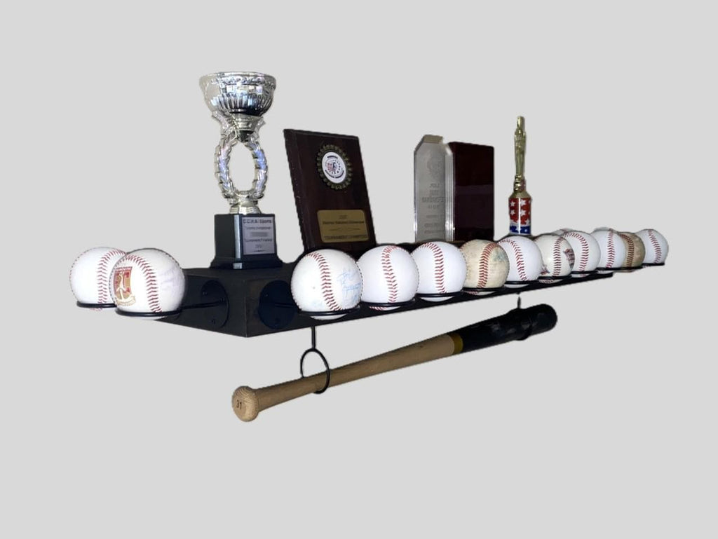Baseball Trophy Display Shelf with Bat and Medal Holder, Ball Display Rack for Memorabilia, Awards, Trophies and Signed Baseballs